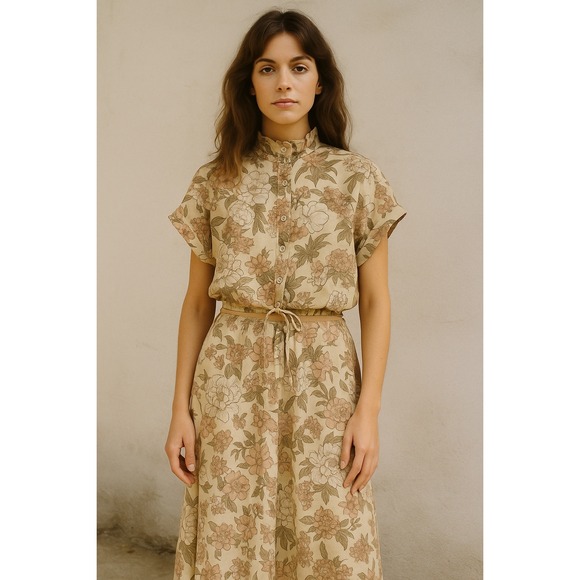 Dresses & Skirts - Vintage Brown 2‎ Piece Floral Blouse & Midi Skirt Outfit Set Size Small 1970s